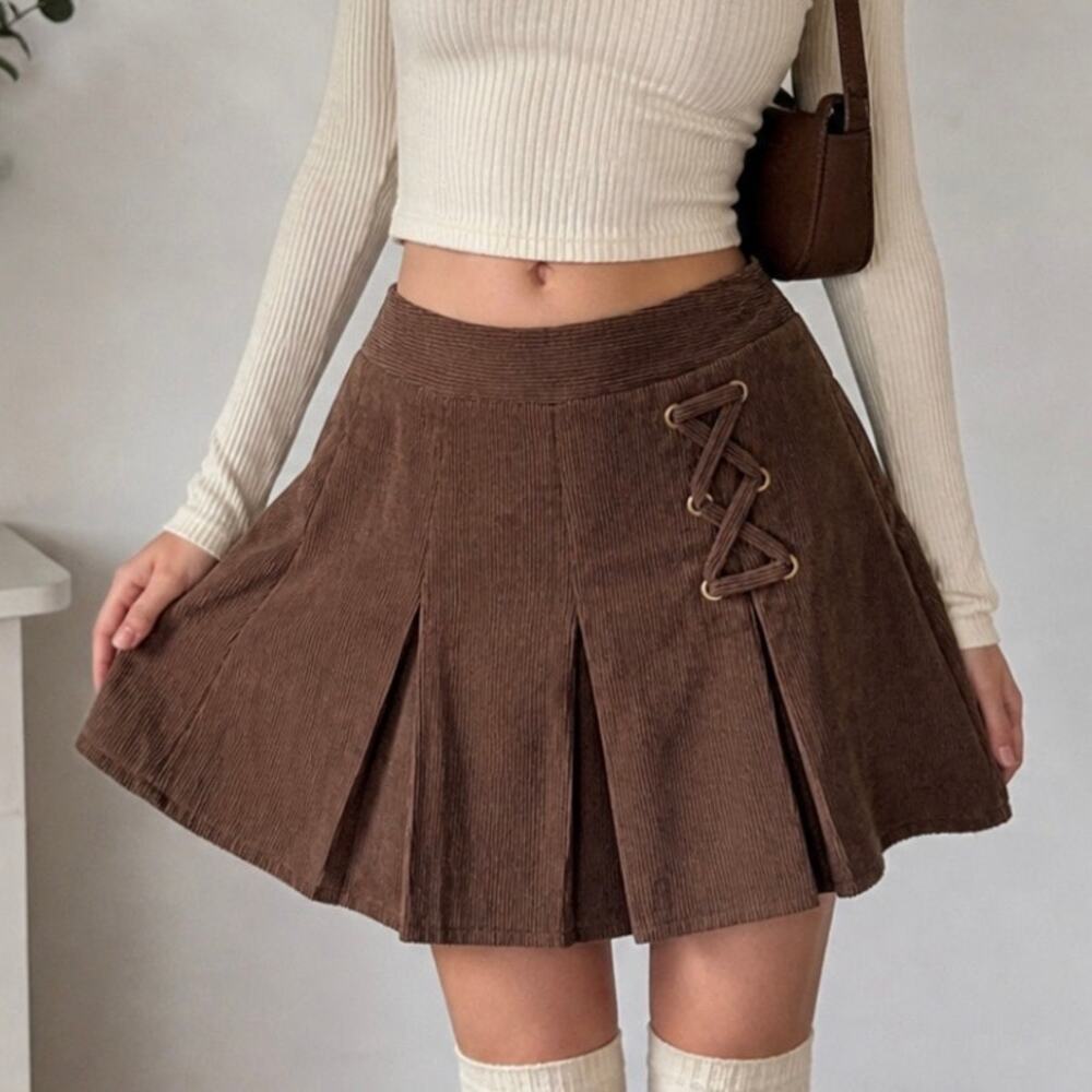Brown Corduroy Pleated Mini Skirt Lace Up Y2K Academia A-Line S